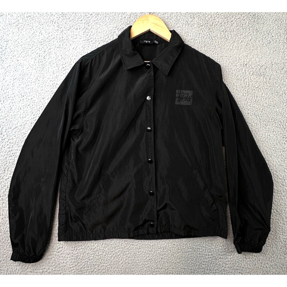 Vintage Stussy Stock Link Logo Cropped Coach Jacket Black Womens Medium Spellout